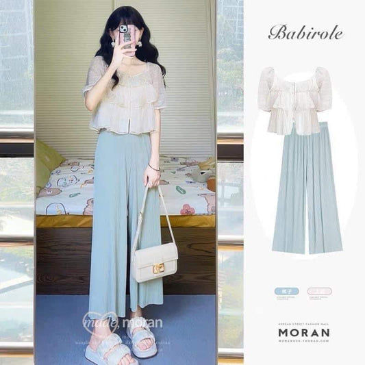 Summer gentle design sense one-shoulder top ice silk wide-leg long trousers can be sweet and salt fashion age-reducing two-piece suit