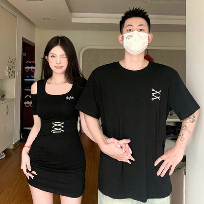 Couple wear summer clothes 2023 new niche design short-sleeved T-shirt women's waist slimming dress one skirt and one suit