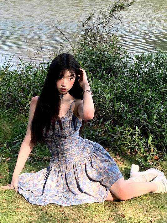 STRIVE/Yumiko Slightly Fat mm French Retro Floral Suspender Dress Female Spring Sexy Holiday Skirt