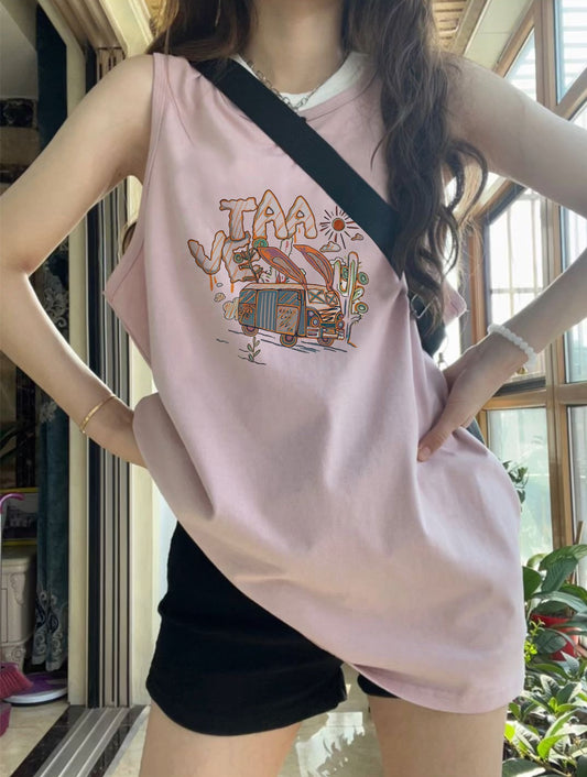 American sweet and spicy style sleeveless top shoulder vest waistcoat 2023 summer music festival wear loose suspenders T-shirt