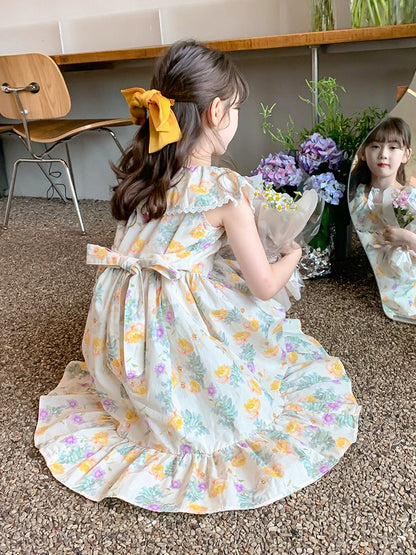 Girls summer dress 2023 new foreign style children's skirt summer children's clothing little girl floral princess dress tide