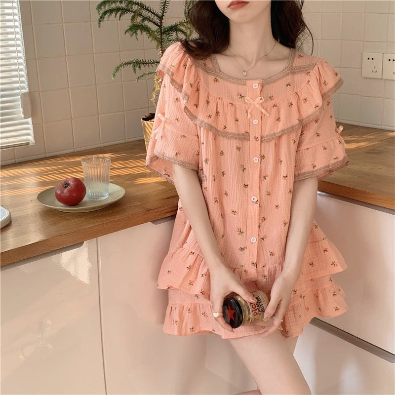 Summer net red style lace floral short-sleeved shorts cotton pajamas women's summer small home service outerwear suit