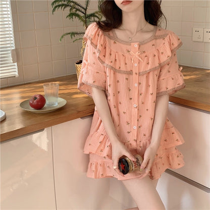 Summer net red style lace floral short-sleeved shorts cotton pajamas women's summer small home service outerwear suit