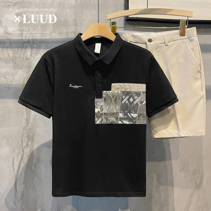 LUUD men's trendy brand personality patch lapel short-sleeved men's summer new product ruffian handsome retro POLO shirt T-shirt top