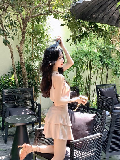 ByYou Summer High-quality Halter Neck Sleeveless Satin Top Set High Waist Slimming Ruffle Skirt Two-piece Set