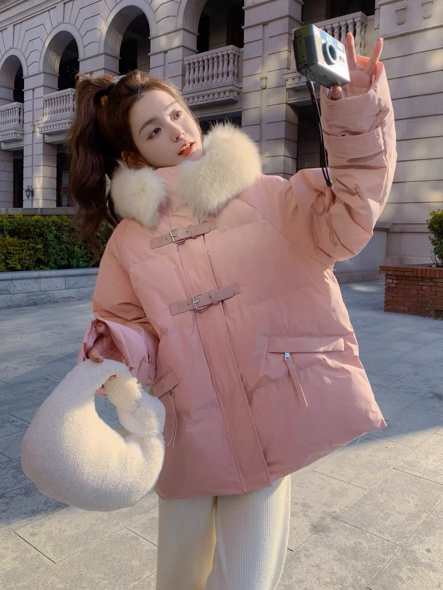 Pink down padded jacket women's winter 2022 new Korean style niche design sense thickened short cotton padded jacket tide ins