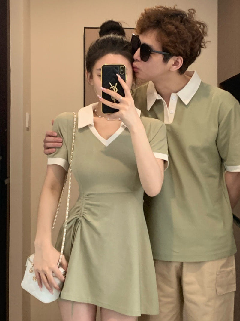 Couple outfit 2023 new summer dress one skirt one Korean casual college style V-neck dress ins short-sleeved T-shirt