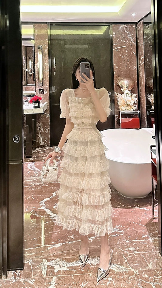BETTER LS French Square Neck Puff Sleeve Lady Temperament Dress Embroidered Lace Small Fragrance Cake Dress