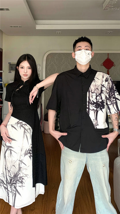 New Chinese style couple clothes summer niche design sense short-sleeved shirt women's cheongsam dress French one skirt one clothes tide