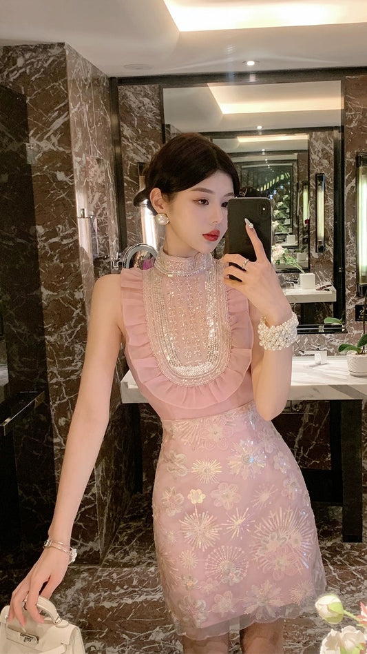 BETTER LS small fragrance suit women's heavy industry press pleated ruffled sleeveless shirt floral bag hip skirt two-piece set