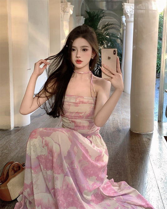 Mesh elastic tube top hanging neck suspender dress female summer gentle temperament oil painting pink long skirt holiday skirt