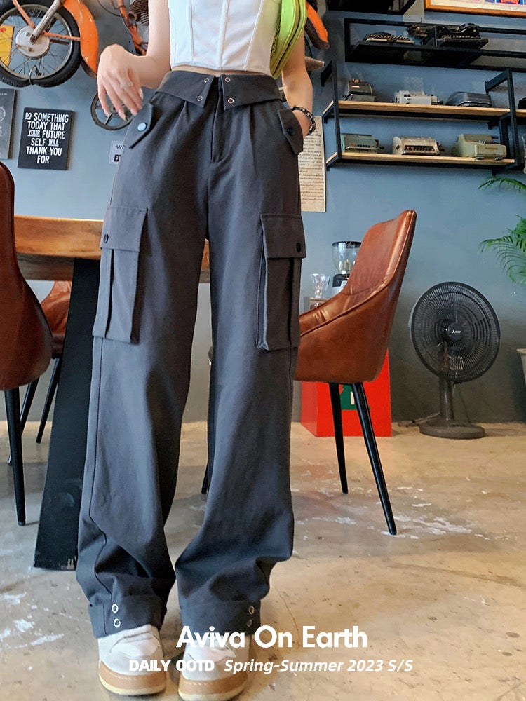 [Earth Shop] Dark Gray Folded Waist American Overalls Women's Summer Thin  Section Loose Straight Casual Pants All-Match