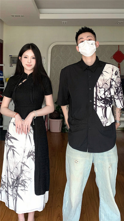 New Chinese style couple clothes summer niche design sense short-sleeved shirt women's cheongsam dress French one skirt one clothes tide
