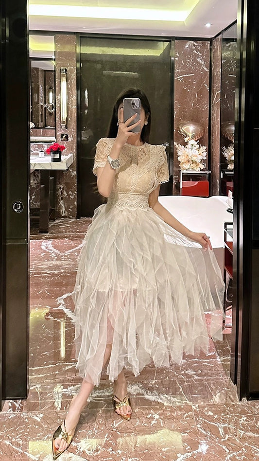 BETTER LS celebrity temperament embroidery hollow lace stitching mesh dress light luxury high-end dress skirt