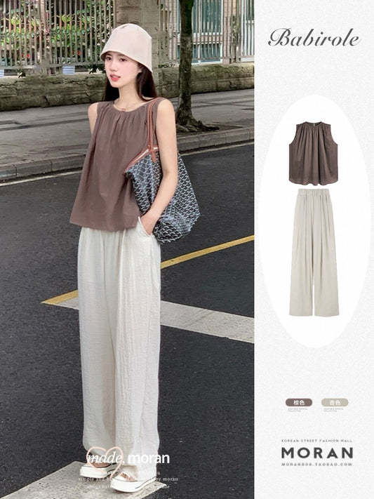 Capable temperament wears casual suit pants Korean simple vest top wide-leg long pants two-piece set female summer