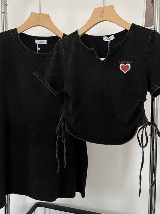 Old washed short-sleeved t-shirt women's summer waist slim T-shirt small shirt short drawstring hot girl top couple outfit
