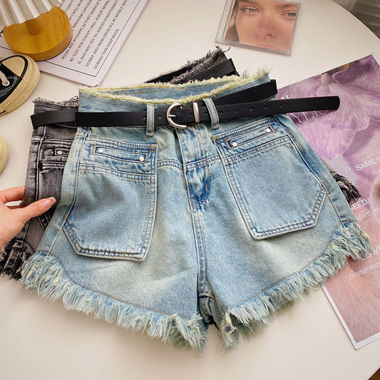 Hot Girl Raw Edge Denim Hot Pants Women's Summer 2023 New Korean Version High Waist Slim Retro A-Line Wide-leg Shorts