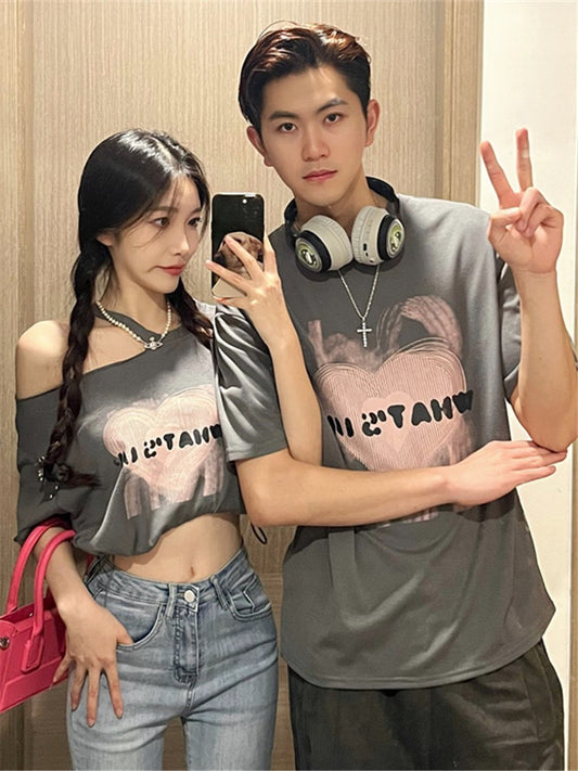 French style couple outfit summer niche design sense Korean version slim hot girl short top American retro loose short sleeves