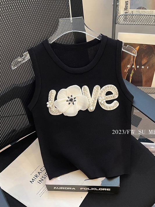 French heavy industry brilliant beaded embroidery knitted vest women's summer new black light luxury high-end age-reducing top