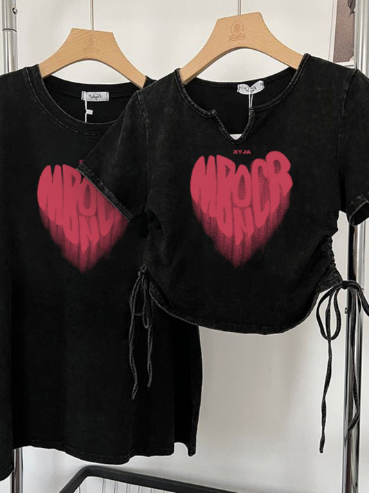 Old couple slim short-sleeved t-shirt women's summer short drawstring on both sides hot girl tops sisters girlfriends