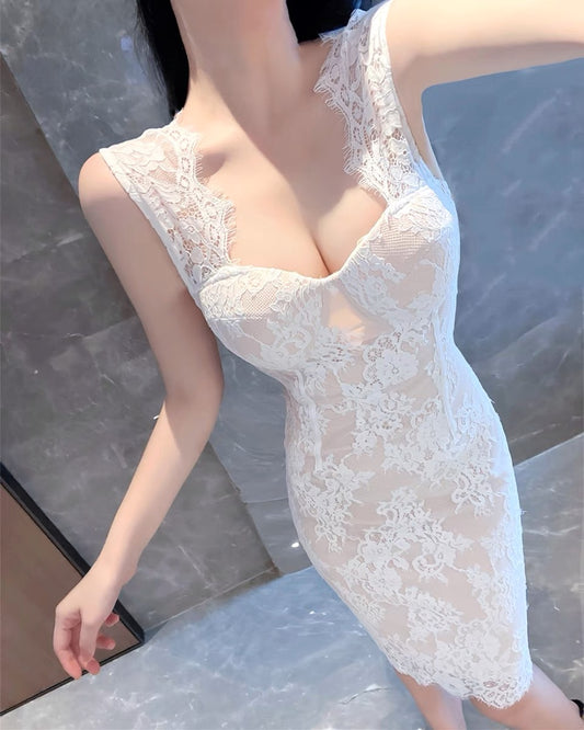 White Temperament Slim Slimming Lady Style Lace Dress