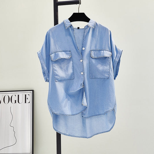 Tencel denim cotton small flying sleeve thin shirt women 2023 summer new Korean version double pocket short shirt casual top