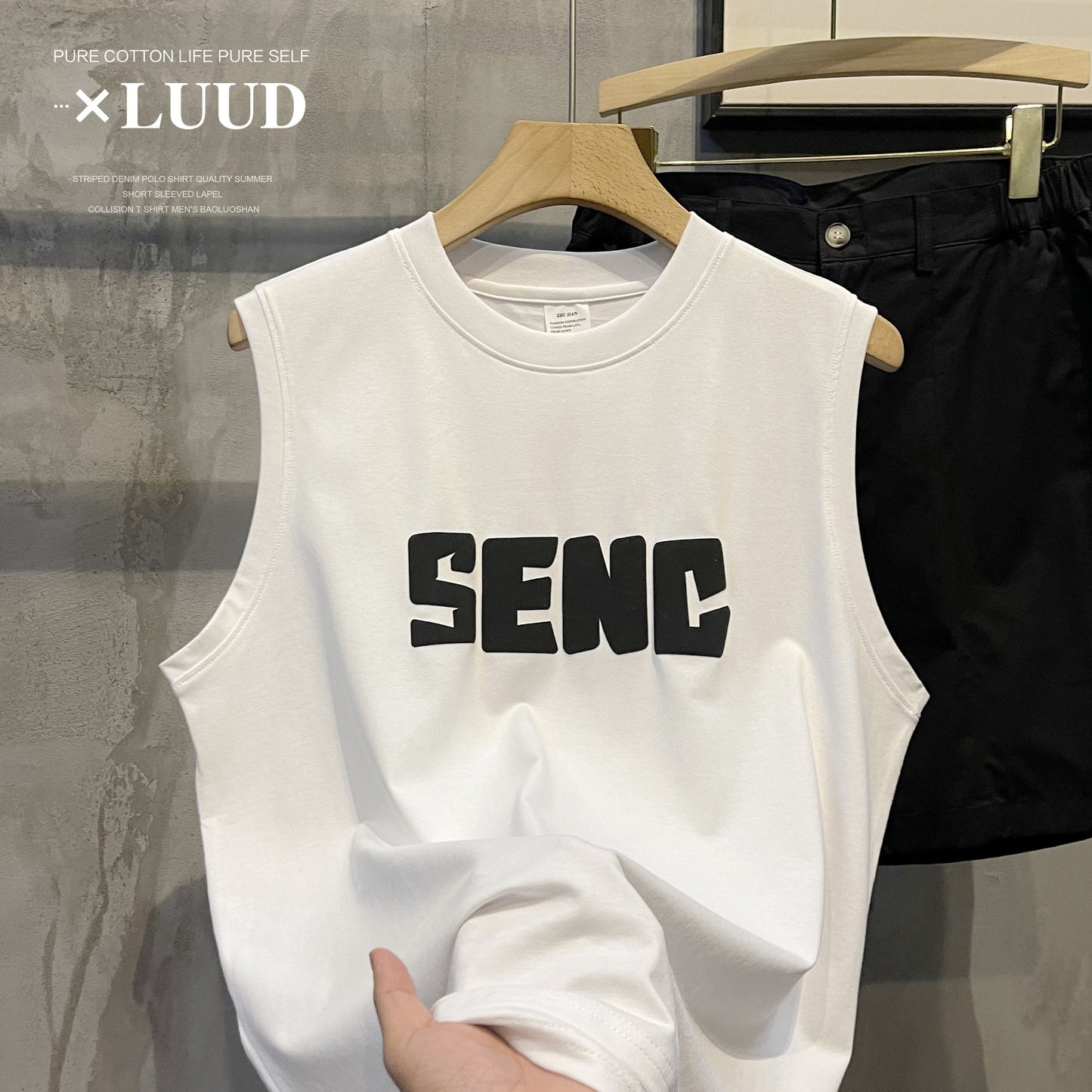 LUUD English sleeveless T-shirt men's micro-wide print vest sleeveless vest splicing fake two-piece bottoming top