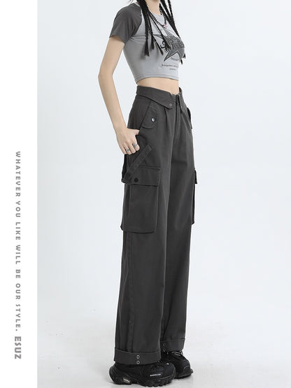 American retro overalls women's summer hot girl design sense multi-pocket high waist loose casual wide-leg straight-leg pants