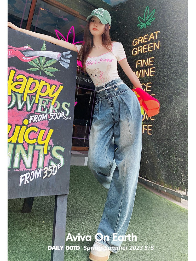 [Earth Shop] Retro faded lace stitching high-waisted jeans women's summer thin section narrow straight-leg pants small man