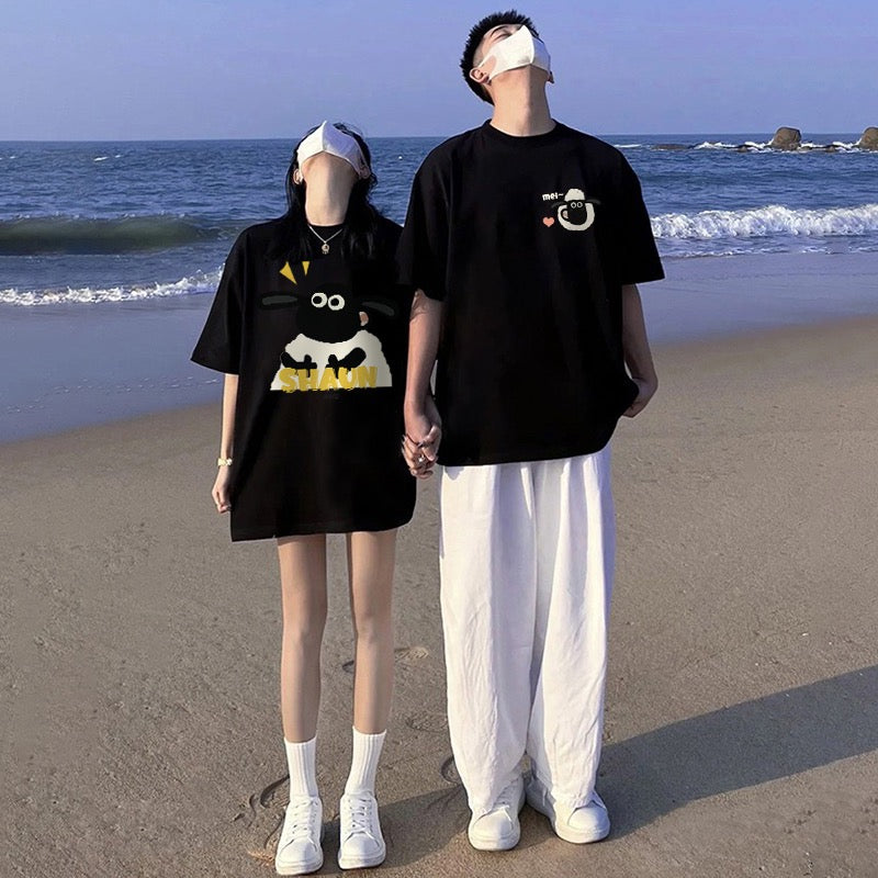 Different dopamine couples' summer clothes 2023 new summer high-end sense niche net red cotton short-sleeved T-shirt