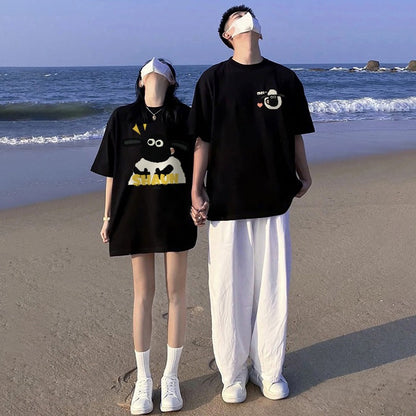 Different dopamine couples' summer clothes 2023 new summer high-end sense niche net red cotton short-sleeved T-shirt