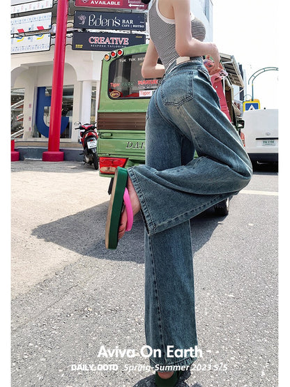 [Earth Shop] Retro faded lace stitching high-waisted jeans women's summer thin section narrow straight-leg pants small man