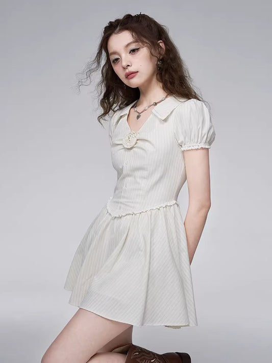WAEW Romantic Hour/Rose Girl White Puff Sleeve Dress Sweet and Spicy Temperament Thin Shirt Skirt Female Summer