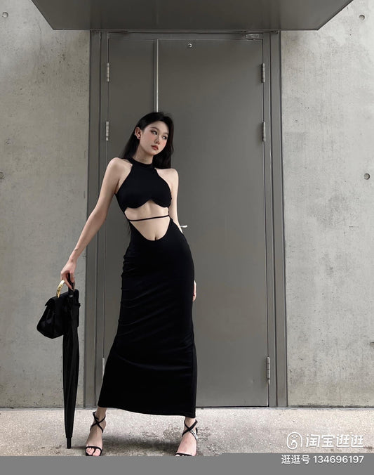 Spice Girls Hollow High-quality niche design holiday style bottoming hollow hanging neck dress with slits and hips
