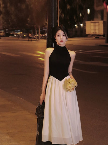 Thirteen and Little French Dress Women's Summer Black and White Contrast Color Stitching Stand Collar Sleeveless High-end Temperament Long Dress
