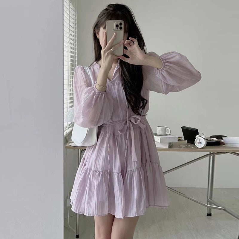 Korean chic spring French gentle V-neck tie with folds texture design small long-sleeved dress female