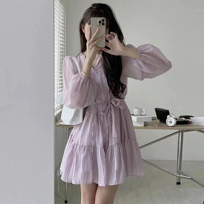 Korean chic spring French gentle V-neck tie with folds texture design small long-sleeved dress female
