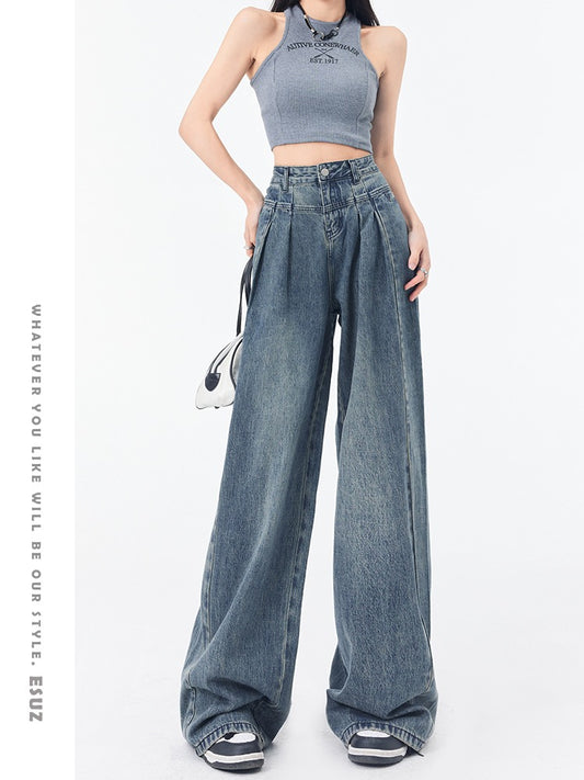 American retro wide-leg jeans women's summer design sense super wide and thin waist drape loose floor-length trousers