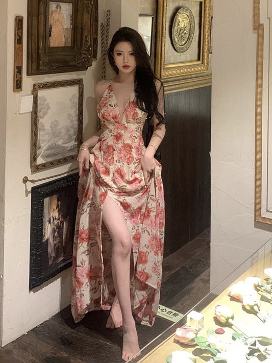 STRIVE/Yumiko fat mm tea break French floral dress female summer sexy seaside holiday dress