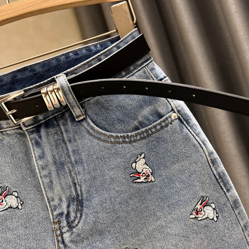 2023 New Rabbit Embroidery Denim Skirt Women's Summer All-match Age-Reducing Cotton High Waist A-line Bag Hip Skirt