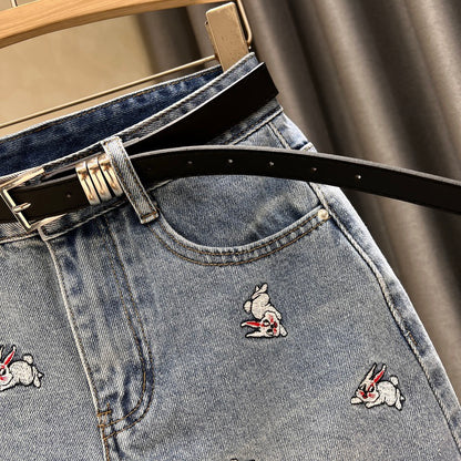 2023 New Rabbit Embroidery Denim Skirt Women's Summer All-match Age-Reducing Cotton High Waist A-line Bag Hip Skirt
