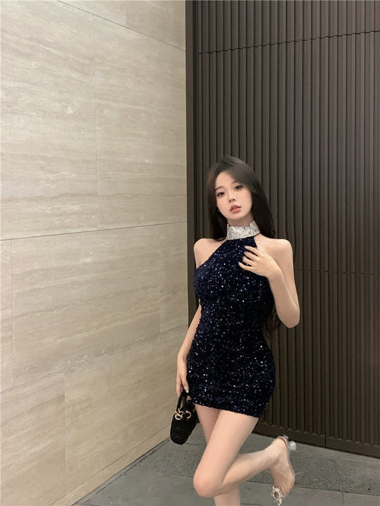 Black sequins sparkling backless sleeveless halter neck dress dress female summer birthday skirt temperament bag hip skirt