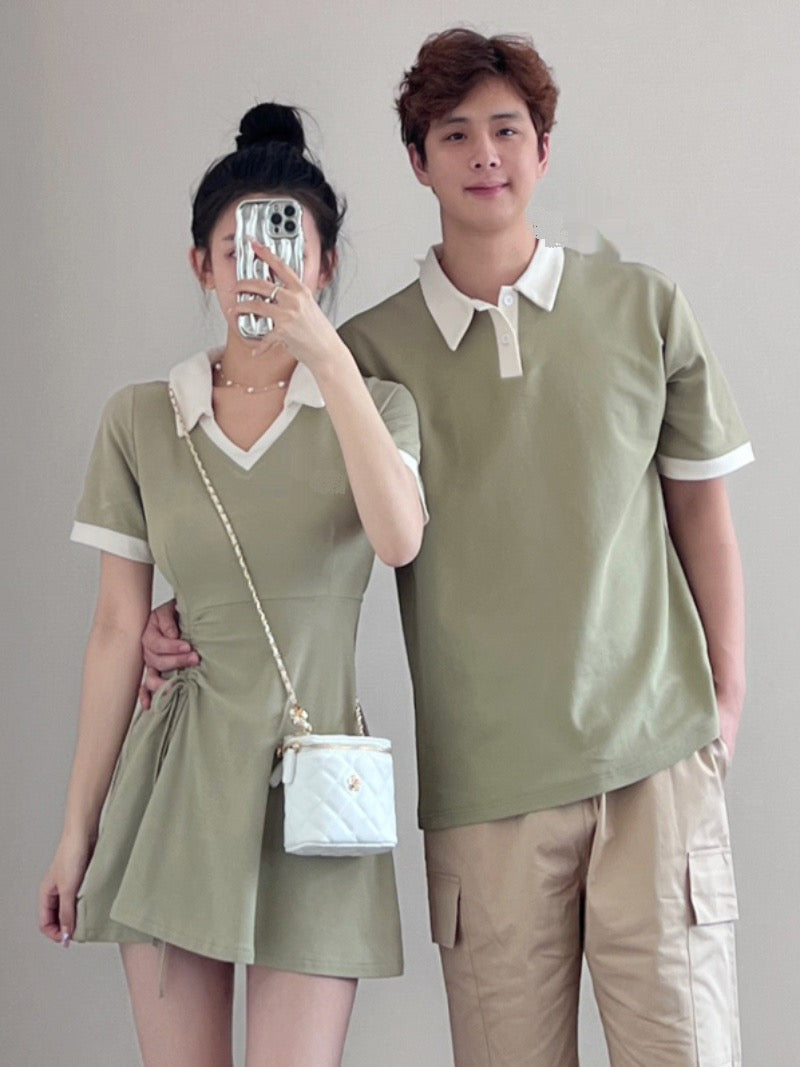 Couple outfit 2023 new summer dress one skirt one Korean casual college style V-neck dress ins short-sleeved T-shirt