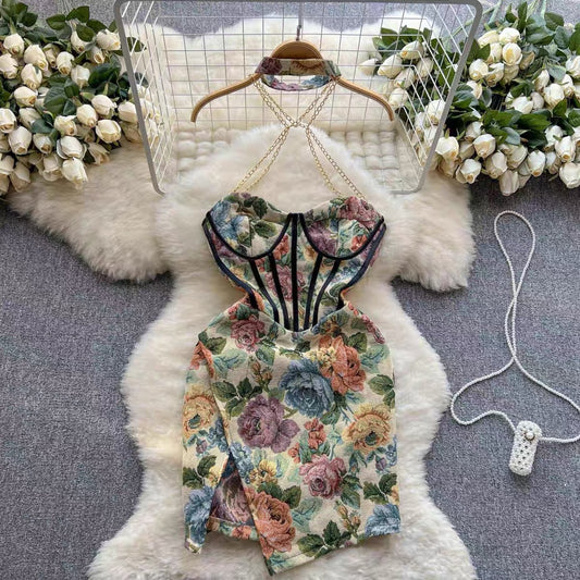 Summer dress sexy hot girl slim retro outerwear oil painting printing tube top dress female chain halter neck dress skirt