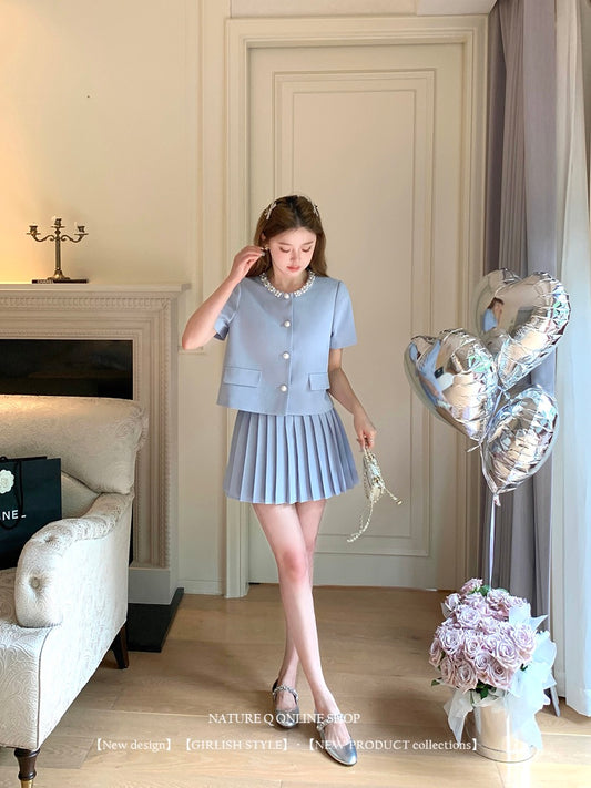 Yang Xiaojuan French-style rich family daughter Xiaoxiang wind suit female summer temperament high-end top two-piece set pleated skirt pants