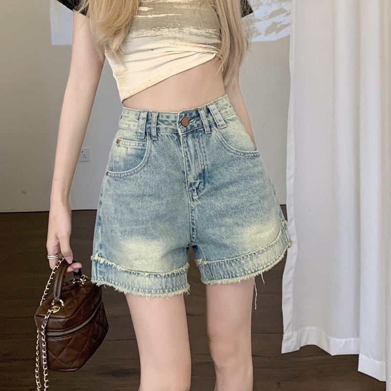 Kumikumi retro raw edge design denim shorts women's summer high waist slimming all-match wide-leg pants hot pants