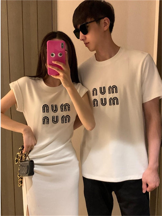 Sister's niche design sense couple outfit summer Korean short-sleeved t-shirt female dress French one skirt one clothes trend