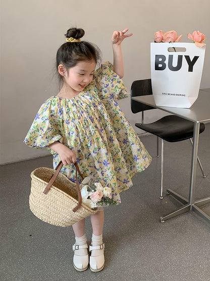 Girls floral dress summer dress 2023 new foreign style lady middle and small children's short-sleeved skirt children's princess dress summer