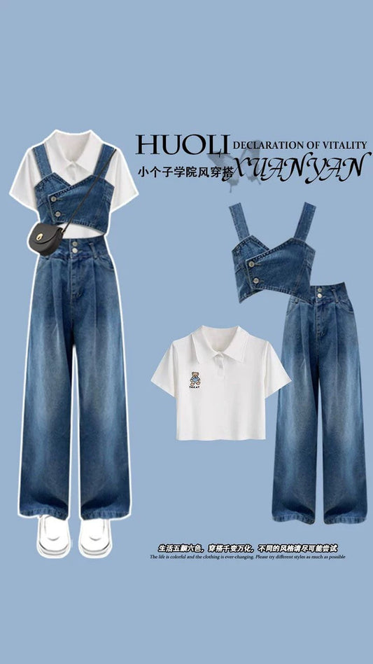 Denim suit women's summer suit 2023 new casual professional sweet and spicy top small dopamine wear a complete set