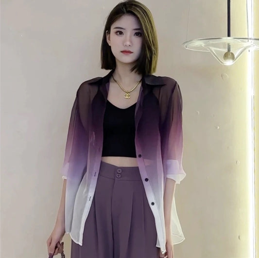 European online celebrity fashion sunscreen suit women's summer thin section micro-permeable long-sleeved shirt high waist drape wide-leg pants two-piece set